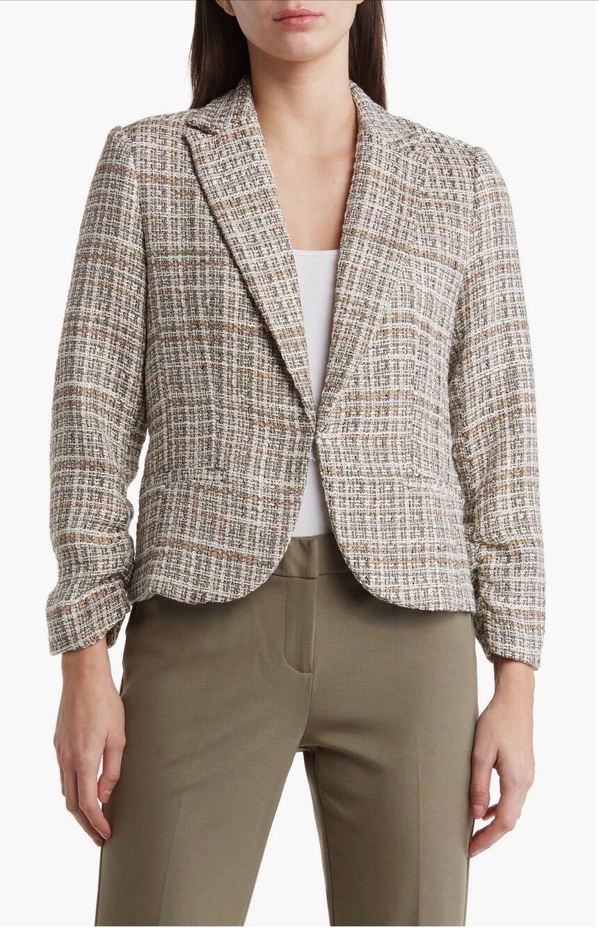 Amanda + Chelsea Scrunch Sleeve Bouclé Blazer Women’s M Neutral Tweed 3/4 Sleeve